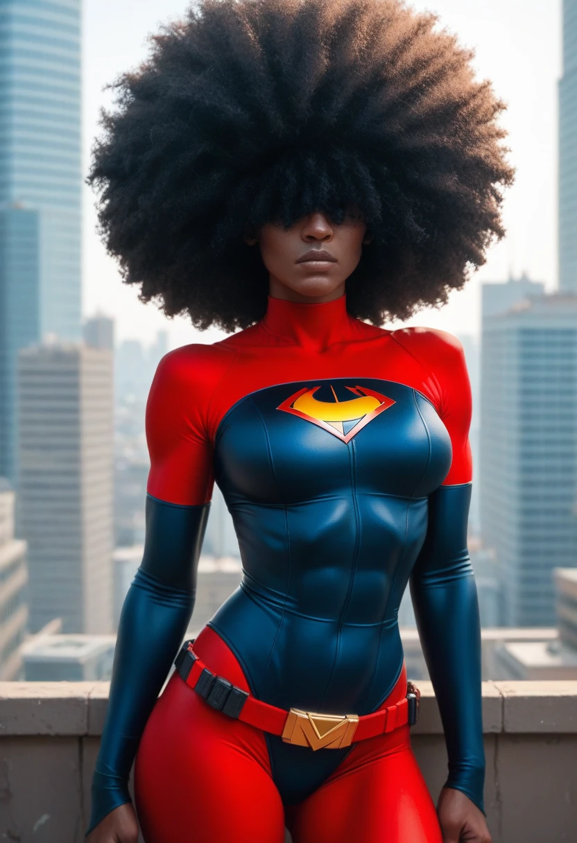 An animated, comic African American with red afro, with a black covering over her eyes. Athletic, curvy body, serious and confident. Wering a sexy red superhero suit with a utility belt. Cityscape.