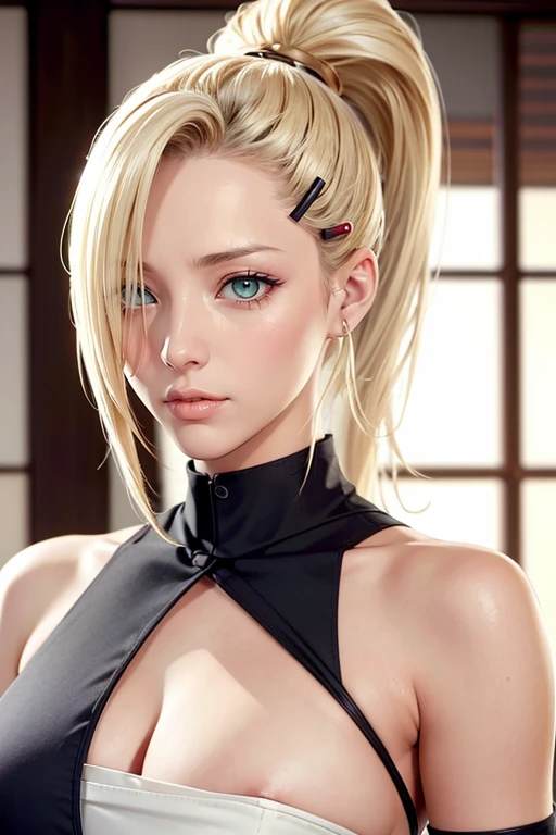 （（（yamanaka_ino，1girl, blonde hair, hair ornament, green eyes, ponytail, hairclip, hair over one eye, ））），((masterpiece)),high resolution, ((Best quality at best))，masterpiece，quality，Best quality，（（（ Exquisite facial features，looking at the audience,There is light in the eyes，lol，confidence）））