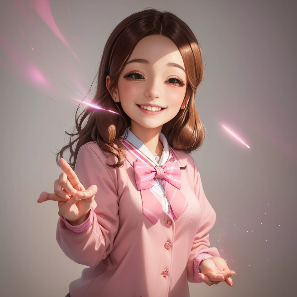 Business woman with brown hair and pink bow tie put her palm out in front of her and say "Stop", a hologram, a painting, by Muqi, nezuko-chan, warm and gentle smile, in ryuuou no oshigoto art style, blurry and dreamy illustration, smiling warmly