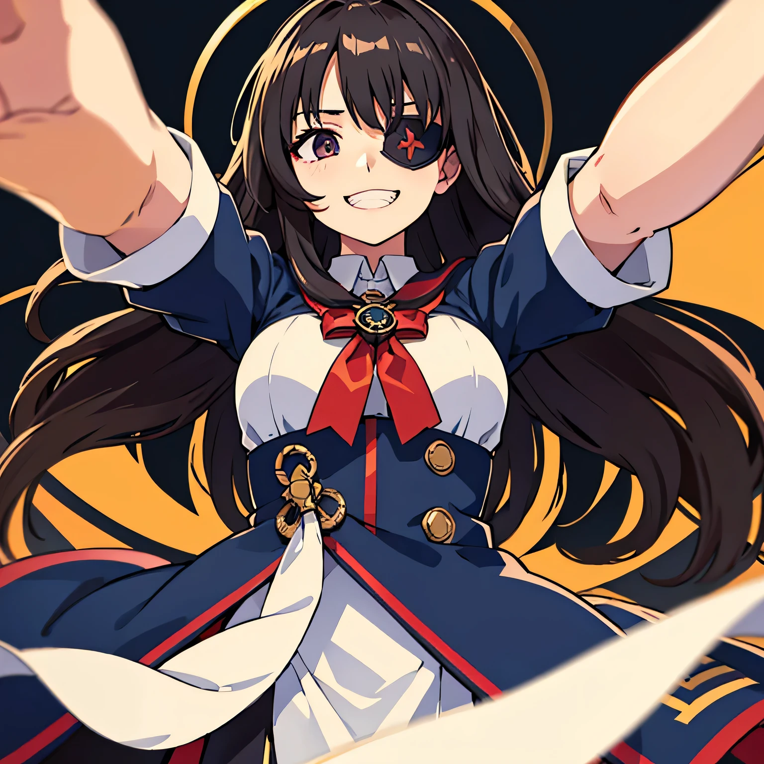 No background、Deaconess、whole body、front、Eyepatch on right eye、grinning、Open your arms