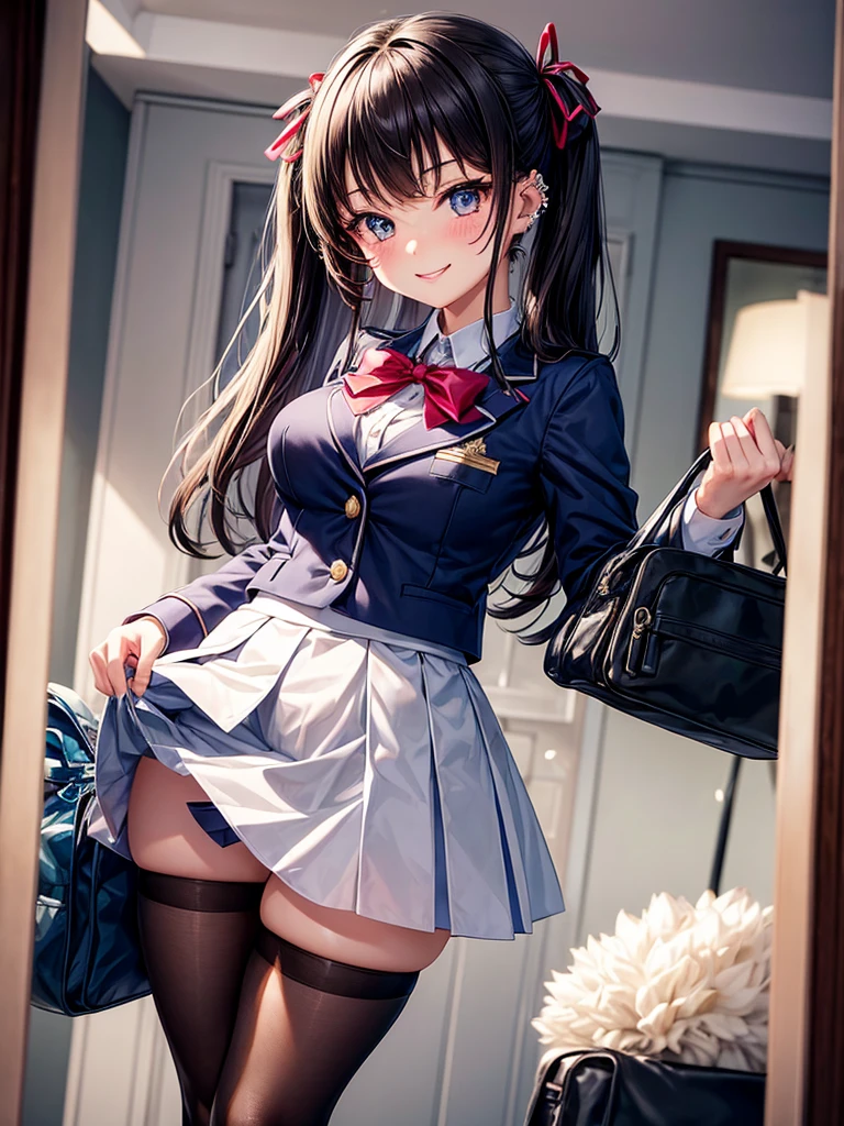 middle School girlorning before school,8k,Best Quality,Sparkling,In front of the mirror,preparation,Change into uniform,blazer,Wearing a cardigan,Wearing piercings,Little sister character,School Bag,smile Looking at smartphone,Hair tucked behind ear,Long Hair,Angel,Smooth hair, girl,Naughty Girls,Absurd,tights,Ribbon on uniform,Perfectly portrayed,brother complex,Cute uniform,Beautiful girls,Beautiful eyes,Perfect Face,Big Bis an exceptionally beautiful girl,model,最高なLittle sister characterクター,Shoulders out,Style perfection,E Cup,