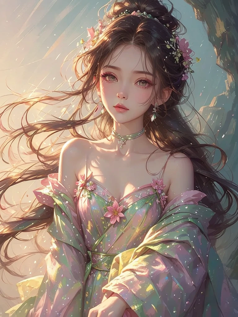 High quality, high resolution, one beautiful girl, pink long hair up, fantasy flower field, pink flower field, pink dress, daytime, fantasy art, Korean glitter eye makeup, very delicate makeup, sparkling flowing hair
