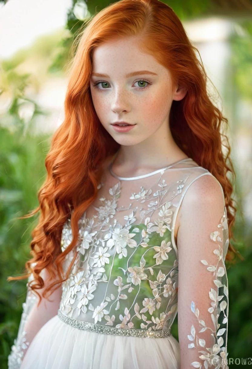 with red hair and white skin wearing a transparent dress, she's out there in the woods with no bra