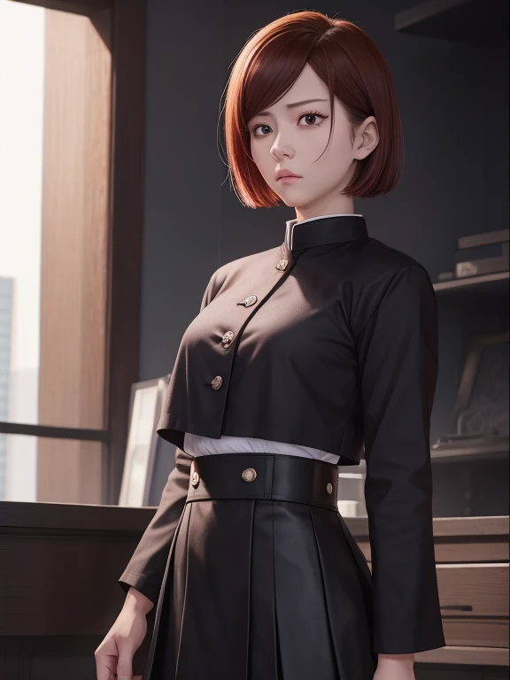 Jujutsu Kaisen from Kugisaki nobara, mini-skirt, shorth hair,1 girl, perfectbody, realisitic, extreme detailed face, brownhair