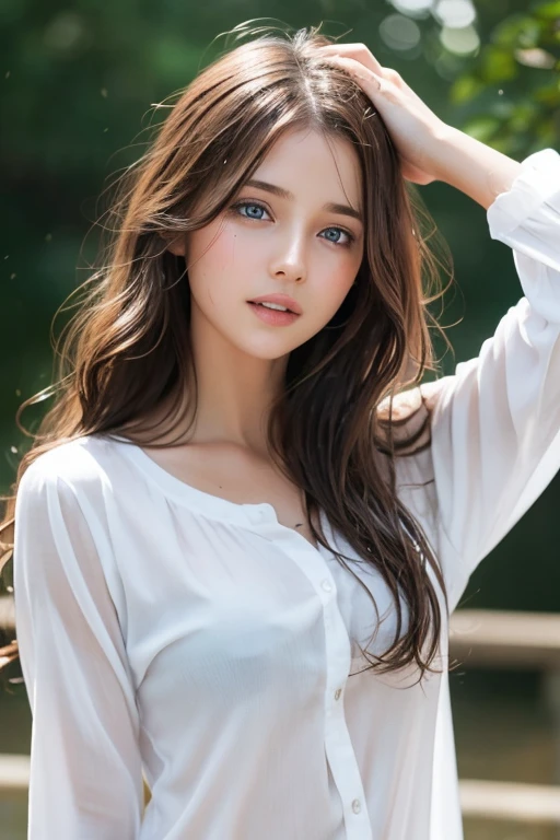 1girl, solo, long_hair, looking_at_viewer, blue_eyes, brown_hair, photoshop_(medium), shirt, long_sleeves, original, upper_body, white_shirt, parted_lips, teeth, arm_up, blurry, lips, wet, wavy_hair, blurry_background, messy_hair, hand_in_hair, realistic, wet_hair