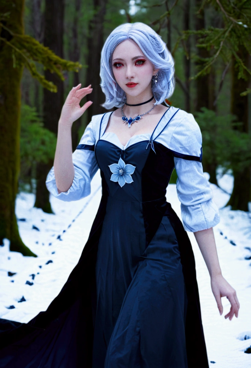 {{Masterpiece}},Best quality,Very detailed,خلفية CG Unity 8K Very detailed,illustration, 1girl, Red eyes, Silver waving hair, Pointy ears, vampire, dress, necklace, Poetry flower, snow, ice, Full body, shot,High up close, Very detailed,Center Frame,Intense focus, Looking at the viewer, Floating hair,