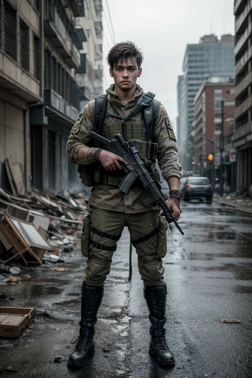 A 24-year-old ex-soldier in a post-apocalyptic scenario. He is in a ready posture, with a determined and vigilant look. His outfit consists of a worn and adapted military uniform., with accessories such as tactical vest, sturdy boots and gloves. Your face is dirty and unshaven, showing signs of tiredness, but also of determination. He carries a backpack full of essential supplies and a gun in his hands., ready for any threat. The background of the image is a devastated urban scene, with ruined buildings and debris scattered across the streets. the lighting is dramatic, with deep shadows that accentuate the tension and uncertainty of the environment.