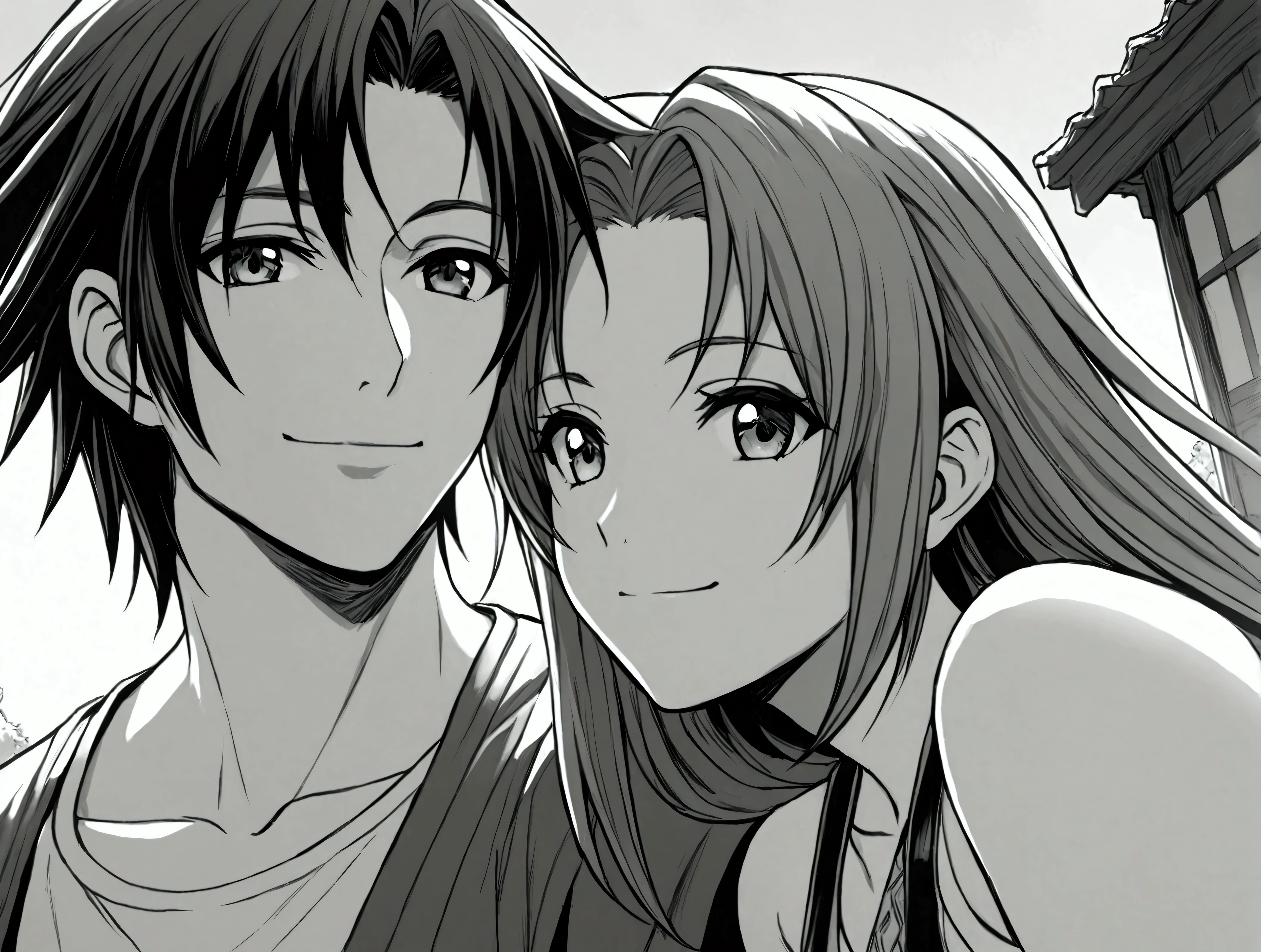 couple male and female, Final Fantasy, FFX, game, video game, light skin, pretty, technicolor, monochrome, close up, manga, creative. smile, looking at him, outdoors, twilight, raytracing