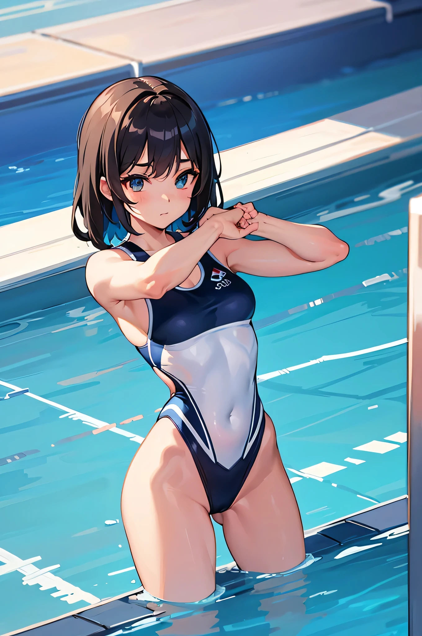 all intricate details: "an athletic girl with a perfect body, cute, symmetrical face, Olympics, Olympic pool, swimming competition, in starting position 1 meter freestyle, wearing the number "1126" in the competition swimsuit, random tv "angle"