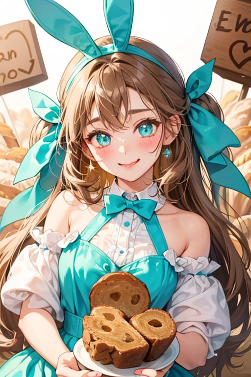 A brown bread roll girl bunny wearing a mint blue bow with chocolate chunks and a caramel swirl beneath it. She is winking with her tongue sticking out of a sideways smile. She has very faint pink blushed cheeks. SPARKLE; GLITTER