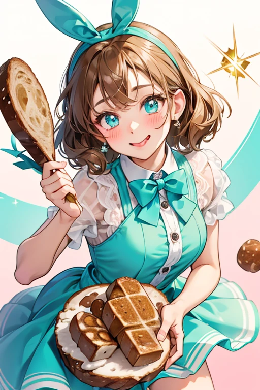 A brown bread roll girl bunny wearing a mint blue bow with chocolate chunks and a caramel swirl beneath it. She is winking with her tongue sticking out of a sideways smile. She has very faint pink blushed cheeks. SPARKLE; GLITTER