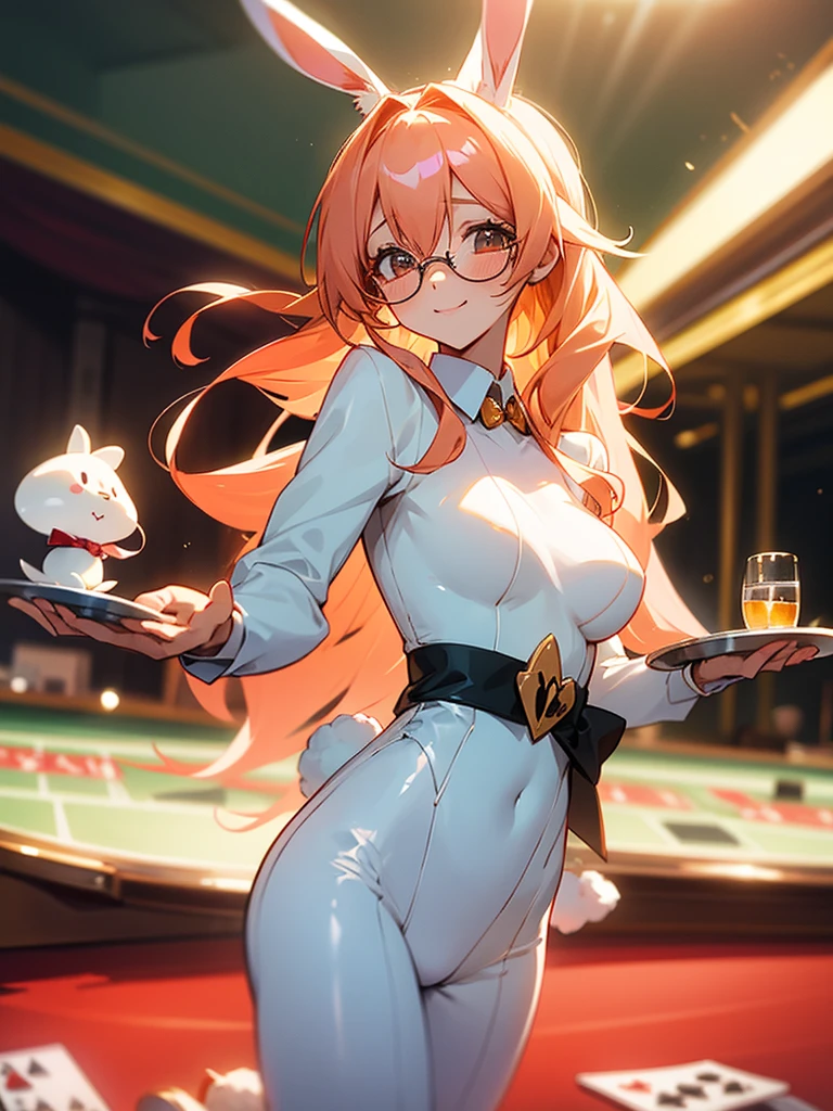 One girl, long peach-colored hair, High resolution, Bunny ears, A shy smile, White bunny suit,In the background is a casino with a tray of glasses on it.,