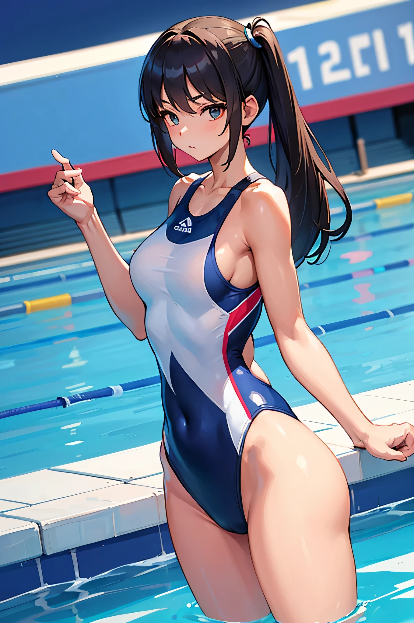 all intricate details: "an athletic girl with a perfect body, cute, symmetrical face, Olympics, Olympic pool, swimming competition, in starting position 1 meter freestyle, wearing the number "1126" in the competition swimsuit, random tv "angle"
