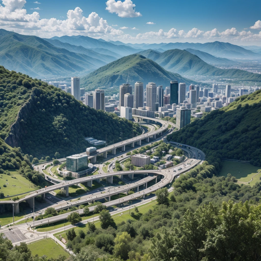 A semi-modern city located between green mountains 