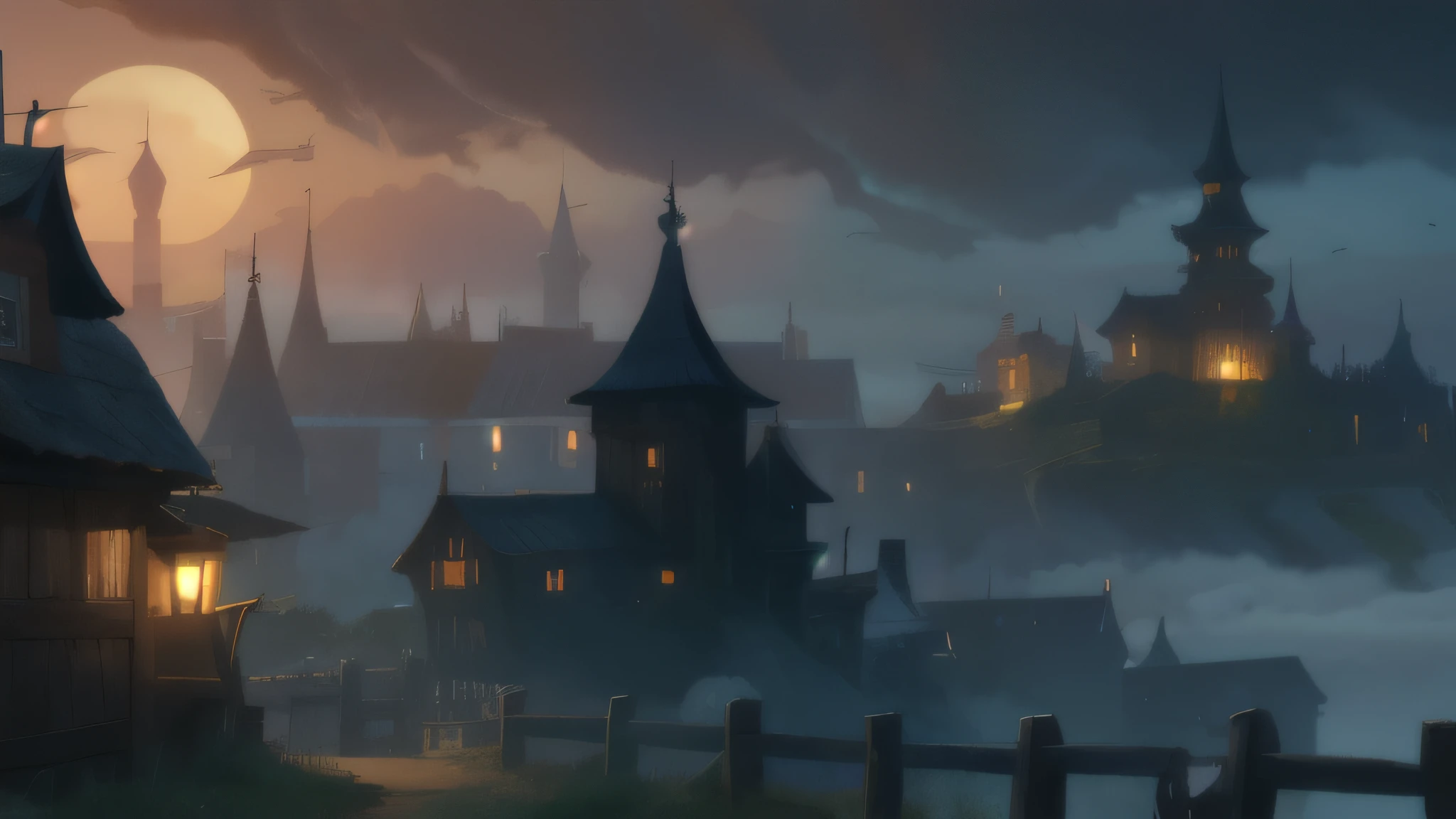 Fantasy City, Old wooden houses, night, The sky is overcast, fog, wooden old houses, high wooden fence, fortress wall, creepy atmosphere