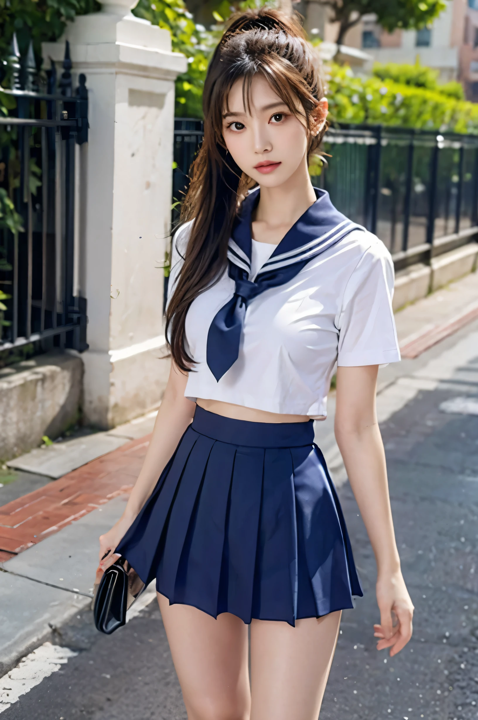 (Ultra HD), (Sailor suit, Navy blue mini skirt), Big Breasts, slender, Narrow waist, whole body, Standing posture, (Clean and shiny skin, Whitening, No makeup), (Super slim face, Super beautiful face), (Light Brown Ponytail, Layered Cut, Fluffy hair), (double eyelid, Slanted Eyes), Small Nose, Thin lips, Thin legs, school gate