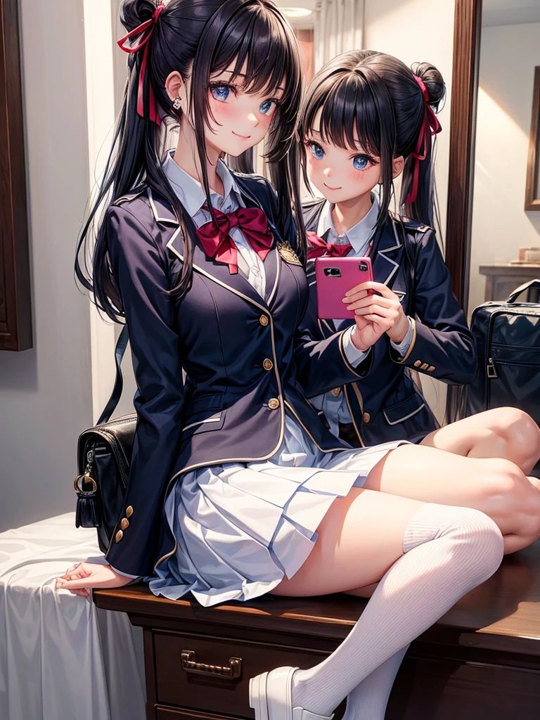middle School girlorning before school，8k，Best Quality，Sparkling，In front of the mirror，preparation，Change into uniform，blazer，Wearing a cardigan，Wearing piercings，Little sister character，School Bag，smile　Looking at smartphone，Hair tucked behind ear，Long Hair，Angel，Smooth hair，Horny girl，Naughty Girls，Absurd，White tights，Ribbon on uniform，Perfectly portrayed，brother complex，Cute uniform，Beautiful girls，Beautiful eyes，Perfect Face，Big Breasts，She is an exceptionally beautiful girl，model，最高なLittle sister characterクター，Shoulders out，Style perfection，E Cup，