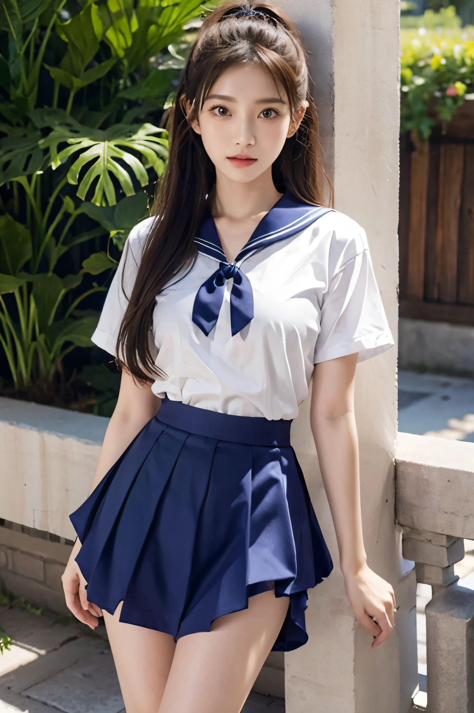 (Ultra HD), (Sailor suit, Navy blue mini skirt), Big Breasts, slender, Narrow waist, whole body, Standing posture, (Clean and shiny skin, Whitening, No makeup), (Super slim face, Super beautiful face), (Light Brown Ponytail, Layered Cut, Fluffy hair), (double eyelid, Slanted Eyes), Small Nose, Thin lips, Thin legs, school gate