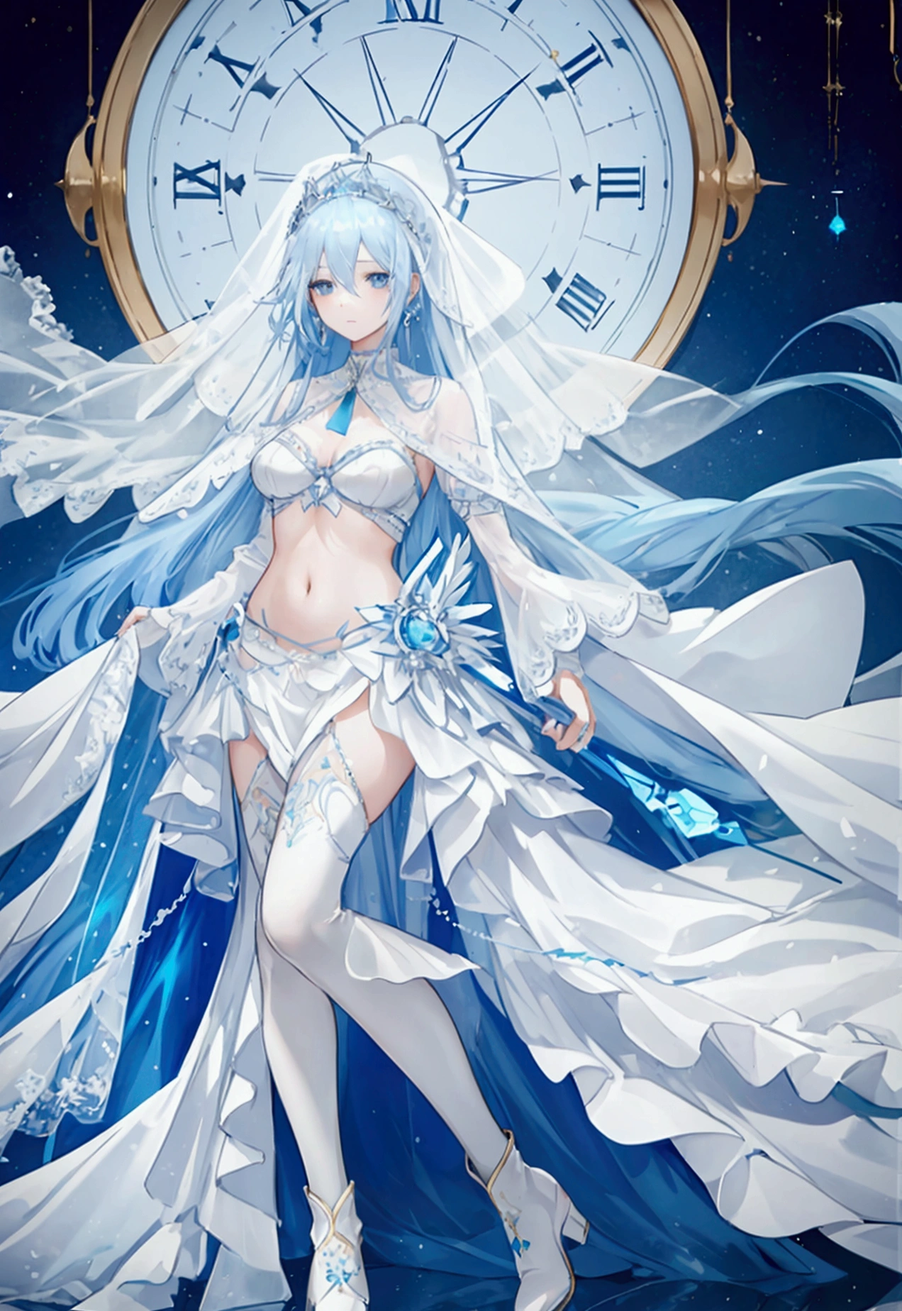 A woman, extremely light blue hair, long hair, blue transparent veil, white cropped tied on the neck showing the stomach, white long skirt open on side legs showing them, White sleeves unconnected on the cropped, white boots,clock earring, blue tiara on the veil, light blue eyes