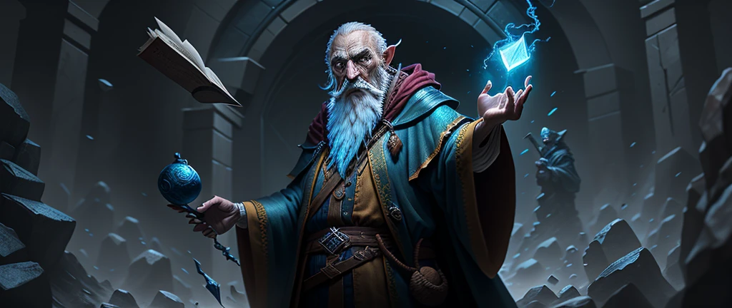 an old wizard doing great devastating spells, Emphasis on your action, ultra detailed textures, layers of textures true to reality, professional lighting, realistic detailing