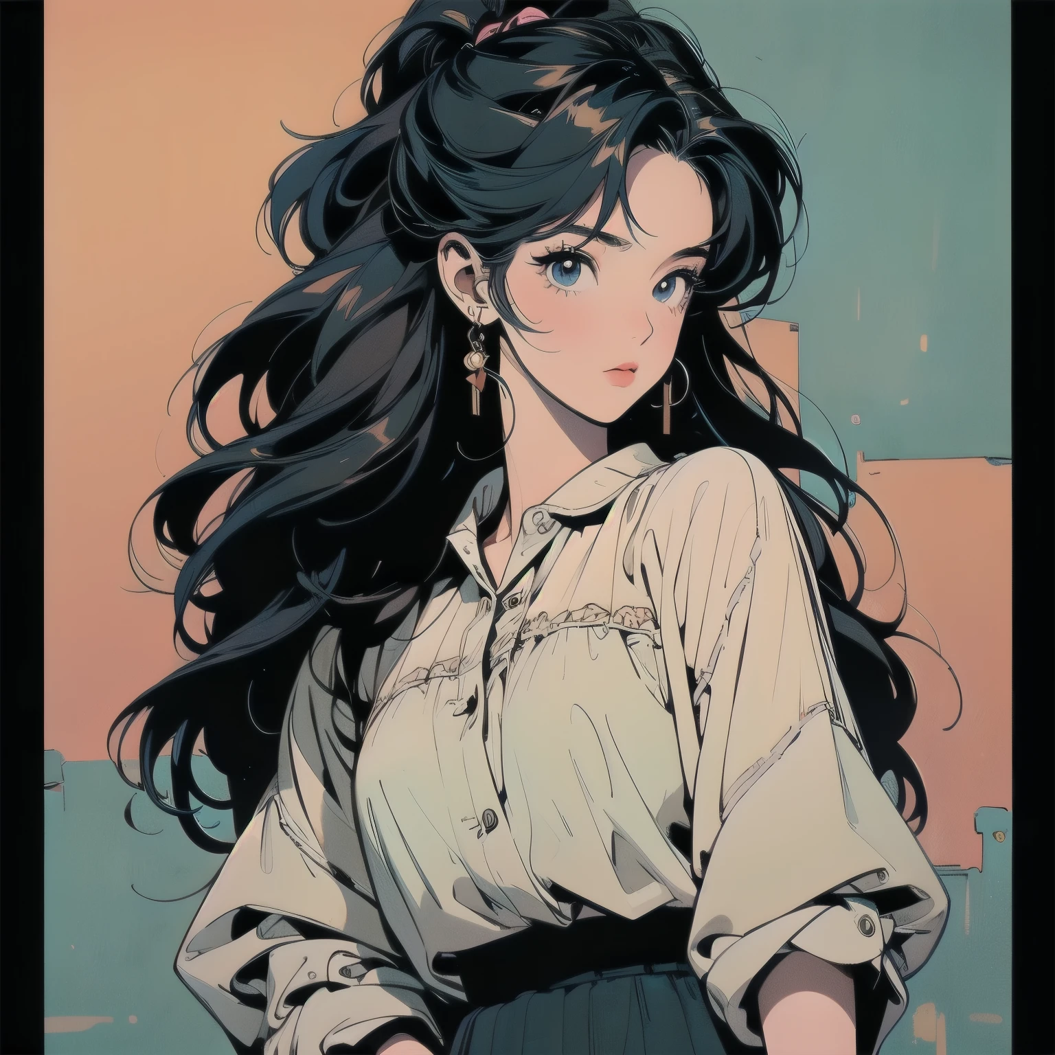masterpiece, ultra high resolution, extremely detailed, 1 Girl, 32k, Full Length, Top, Messy Room, Apartment, One Girl, 4k, Warm Colors , Mysterious, Skirt, Blouse, Faint Lighting, extremely detailed Hair, extremely detailed Perfect Face, 80's Fashion, Retro Colors, Top Quality, detailed Background, Complex Background, Sunset, Greem Hair, (((Anime)))