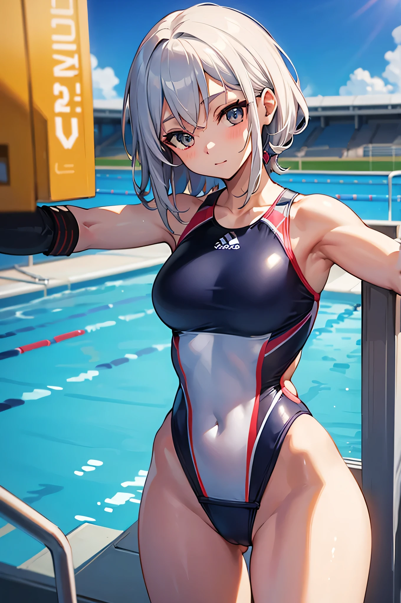 all intricate details: "an athletic girl with a perfect body, cute, symmetrical face, Olympics, Olympic pool, swimming, swimming competition, wears the number "1126" in the competition swimsuit, random tv angle"