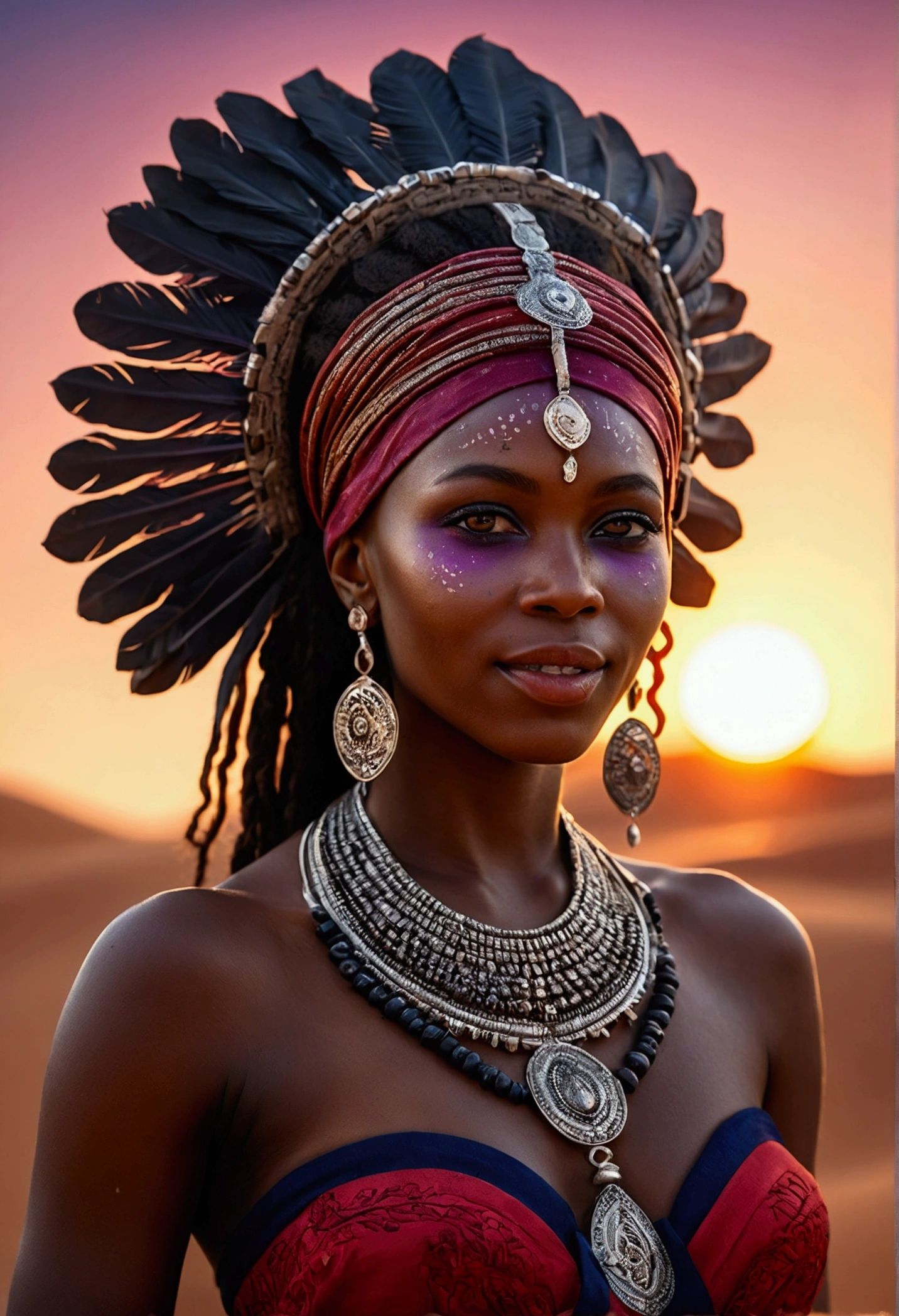 African tribe woman, work of art, Against the backdrop of the savannah, Warm sunset, hyperrealisti, Very dark skin, no profile, real photografic, portraits of a, American design headdress in the Texas desert, surrounded by sand dust splashindlg, sand dune in the background, night with glowing sand particles illuminating the scene, style artgerm, 32 mil, ultra HD, unreal mechanism rendered, imagem hyperrealisti, camara canon r6 objetivo 100mm 2.8f portrait 30 years old, diamond face, red starry sky background, Depth of field, magie, big red lips, ((dark and black eyes)) dress well, Thorax medium and covered with ornaments, mystical atmosphere, menacing shadows, intense blue aura, Intense red aura (best qualityer:1.2), absurderes, details Intricate, (highly detailed skin:1.2), smile expression, posando, tense and well-defined body, appealing. highly realistic, Brunette skin burned by the African sun, comely, Hyper-Realism, very elaborate skin, direct gaze, night sky, futurist, (work of art, ultra detaild, A high resolution) , I DON'T WANT HUMANS, There is a flow of energy, Very real scenario, clear shades of purple and blue, ultra details.