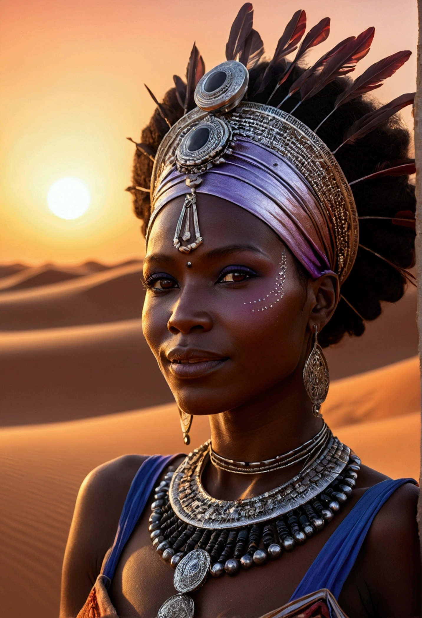 African tribe woman, work of art, Against the backdrop of the savannah, Warm sunset, hyperrealisti, Very dark skin, no profile, real photografic, portraits of a, American design headdress in the Texas desert, surrounded by sand dust splashindlg, sand dune in the background, night with glowing sand particles illuminating the scene, style artgerm, 32 mil, ultra HD, unreal mechanism rendered, imagem hyperrealisti, camara canon r6 objetivo 100mm 2.8f portrait 30 years old, diamond face, red starry sky background, Depth of field, magie, big red lips, ((dark and black eyes)) dress well, Thorax medium and covered with ornaments, mystical atmosphere, menacing shadows, intense blue aura, Intense red aura (best qualityer:1.2), absurderes, details Intricate, (highly detailed skin:1.2), smile expression, posando, tense and well-defined body, appealing. highly realistic, Brunette skin burned by the African sun, comely, Hyper-Realism, very elaborate skin, direct gaze, night sky, futurist, (work of art, ultra detaild, A high resolution) , I DON'T WANT HUMANS, There is a flow of energy, Very real scenario, clear shades of purple and blue, ultra details.