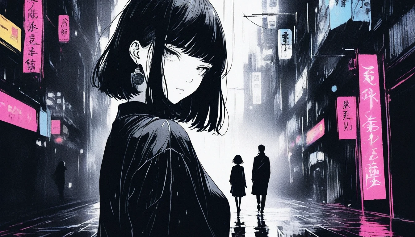 (Highest quality, sketch:1.2),Realistic,Illustrator,anime,1 girl, Black Dress 8,custom, (Background dark monochrome),Neon Hair,Texture Cropping, masterpiece, Style: Retro Classic, Dark Black, art, sketch book, (Bob Hair Black:1.75 Neon:1.32), Dark Shadows ,One personだけ、A figure in the distance、walk、遠くでwalk、It rains、Girl in the distance、One person、Walking