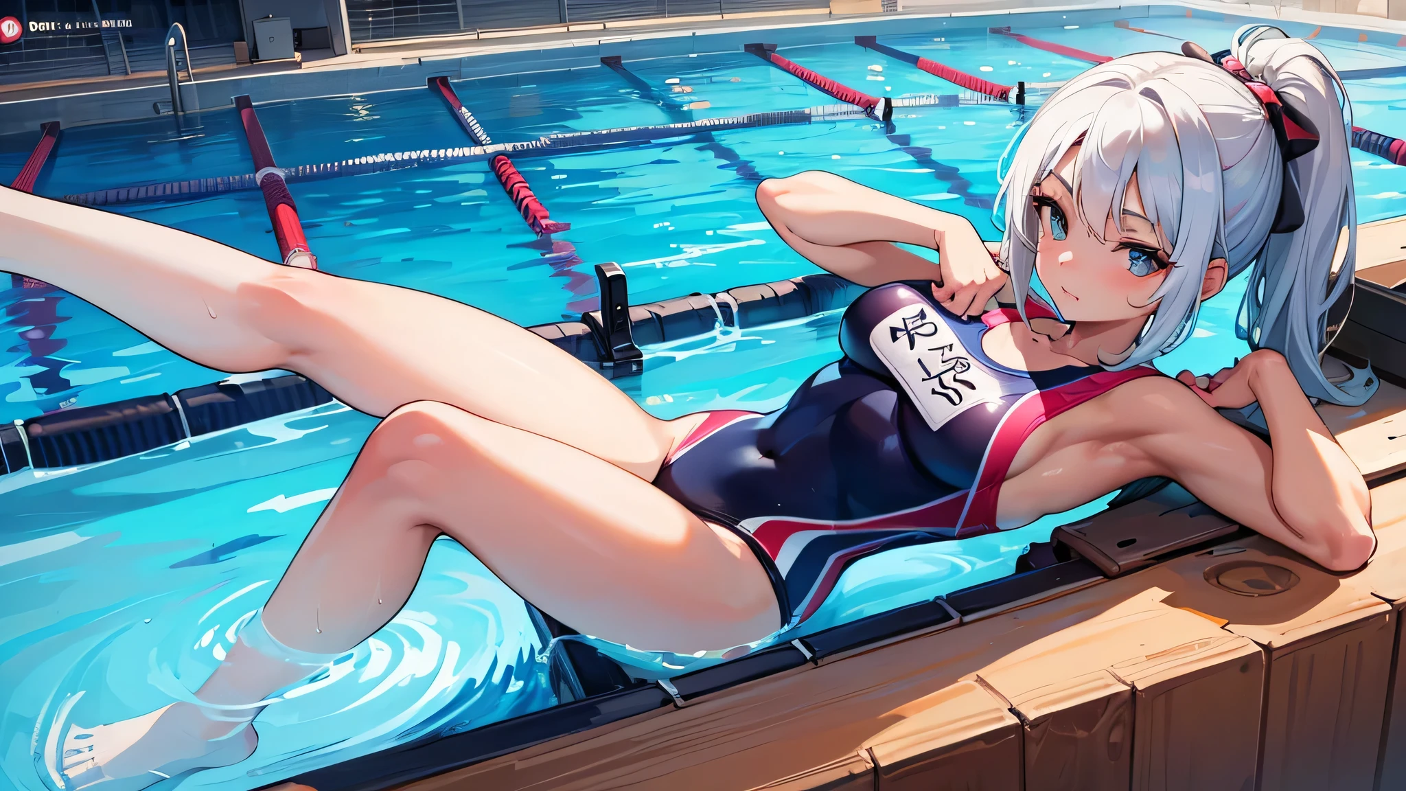all intricate details: "an athletic girl with a perfect body, cute, symmetrical face, Olympics, Olympic pool, swimming, swimming competition, wears the number "1126" in the competition swimsuit, random tv angle"