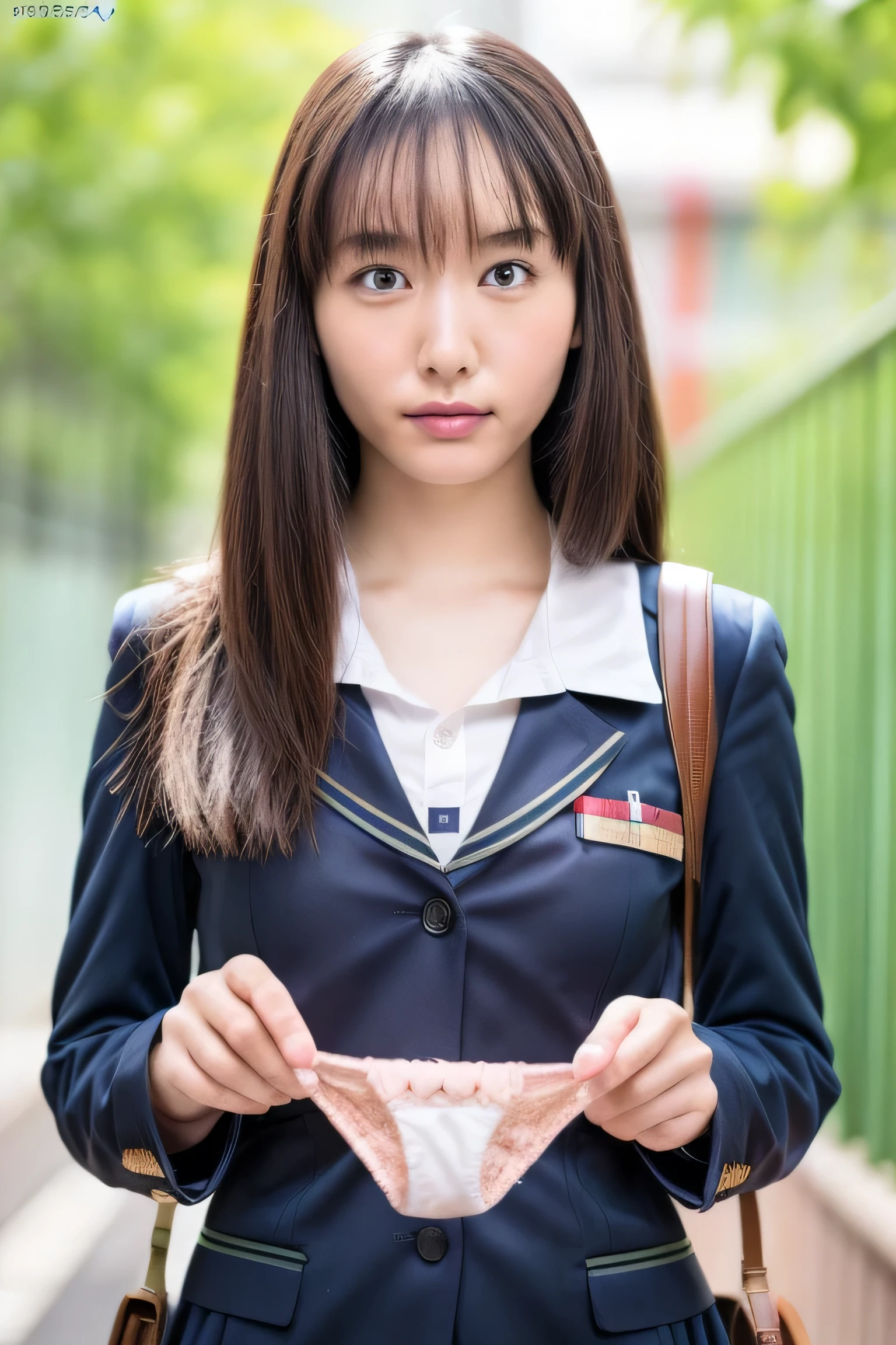 (Absurd:1.3),8k,(Detailed Photos:1.5),(Detailed face and skin:1.3),(Ultra-high resolution:1.5),(Realistic:1.5),Symmetrical clear eyes,Well-groomed face,(Ray Tracing:1.3) ,One girl, Japanese,high school girl,(wearing Japanese high school uniform:1.3),(Navy High School Uniform:1.3), break (Panties as a gift), break (Blue cotton panties with great detail:1.1),masterpiece, Highest quality, Very detailed,classroom,Black medium straight hair,Focus Panties,Cinema Lighting,(blush:1.3), break (Panty stains:1.4),