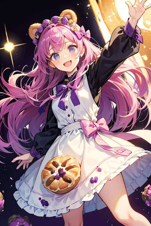 Raisin Roll is girl  a baked bread roll with a scored top and bear ears. She has an excited expression and purple seeds are sprinkled across her head to match her melty bow. SPARKLE; GLITTER