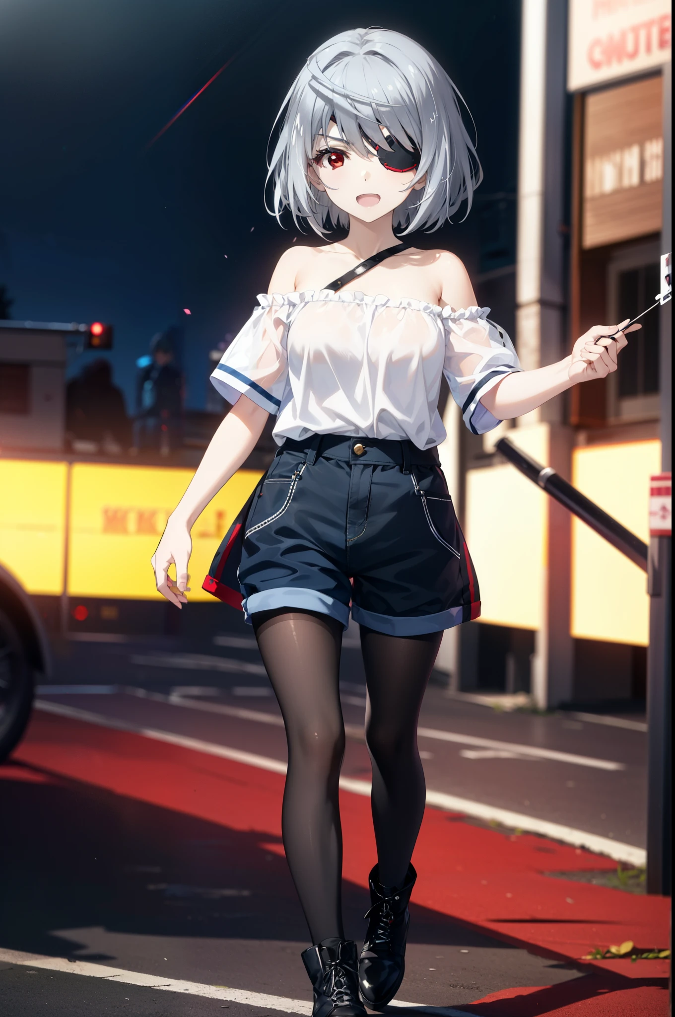 Laurabodewig, Laura Bodewig, Long Hair, (Red eyes:1.3), Grey Hair, Eye patch,smile,tooth,Open your mouth,Oversized one-shoulder shirt,Short sleeve,Shorts,Black pantyhose short boots,Walking,Daytime,Clear skies,whole bodyがイラストに入るように,
break outdoors, Building district,
break looking at viewer, whole body,
break (masterpiece:1.2), Highest quality, High resolution, unity 8k wallpaper, (figure:0.8), (Beautiful attention to detail:1.6), Highly detailed face, Perfect lighting, Highly detailed CG, (Perfect hands, Perfect Anatomy),