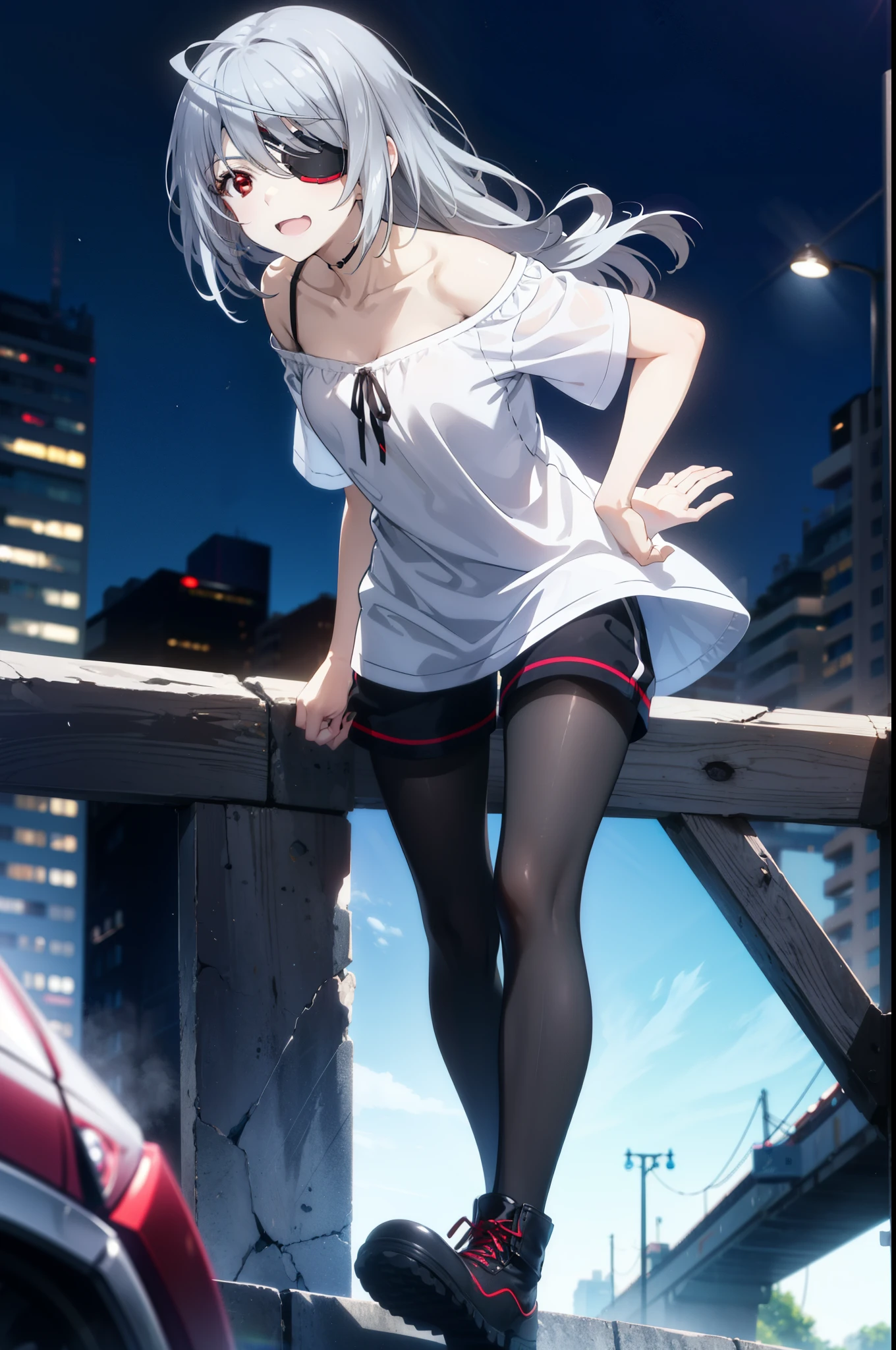 Laurabodewig, Laura Bodewig, Long Hair, (Red eyes:1.3), Grey Hair, Eye patch,smile,tooth,Open your mouth,Oversized one-shoulder shirt,Short sleeve,Shorts,Black pantyhose short boots,Walking,Daytime,Clear skies,whole bodyがイラストに入るように,
break outdoors, Building district,
break looking at viewer, whole body,
break (masterpiece:1.2), Highest quality, High resolution, unity 8k wallpaper, (figure:0.8), (Beautiful attention to detail:1.6), Highly detailed face, Perfect lighting, Highly detailed CG, (Perfect hands, Perfect Anatomy),