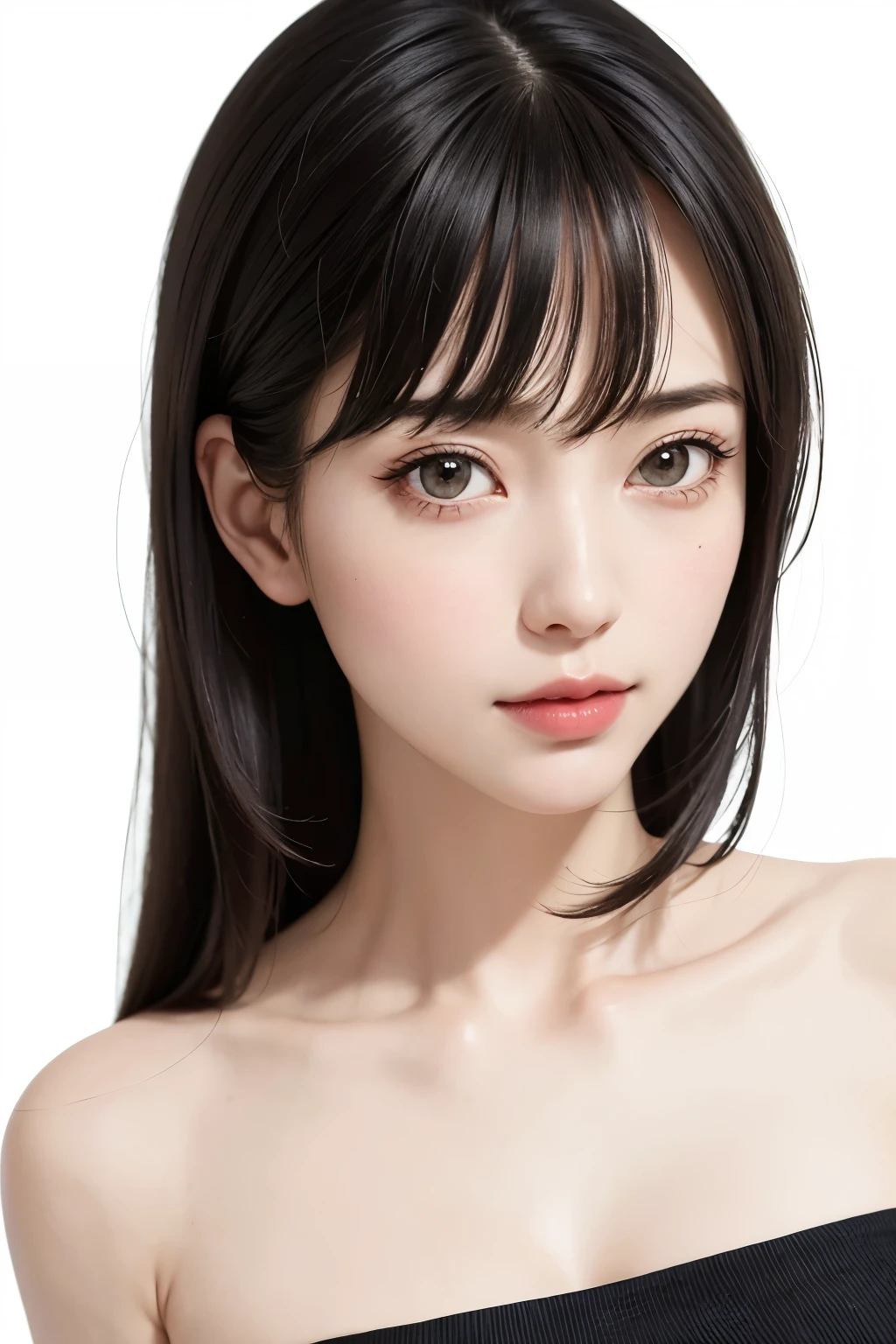 ((masterpiece, Highest quality, High resolution、Everything is beautifully detailed)), One Girl, (Realistic: 1.4), alone, White Background, snow-White Background, ((From above, A little above, look up at the viewer, look up, look up at the camera, Looking into the camera)), Mouth closed, smile, smile, smile, Beautiful black hair, bangsのあるショートヘア, Big eyes, Transparent double eyelids, eyelash, Listen carefully, Beautiful long neck, Absolute area, (Draw the whole head, shoulder), 19 years old, Attractive proportions, Glowing Skin, Beautiful clavicle, Golden ratio face, Perfect Face, Tearful mole, chestのほくろ, bangs, clean bangs, Lip gloss, Thin lips, Fair skin, naked, Big Breasts, Small face, Small face, Draw the whole head, draw all shoulder,Huge chest. Great chest、{huge|big|hugeな|Mega} chest, chestの谷間
