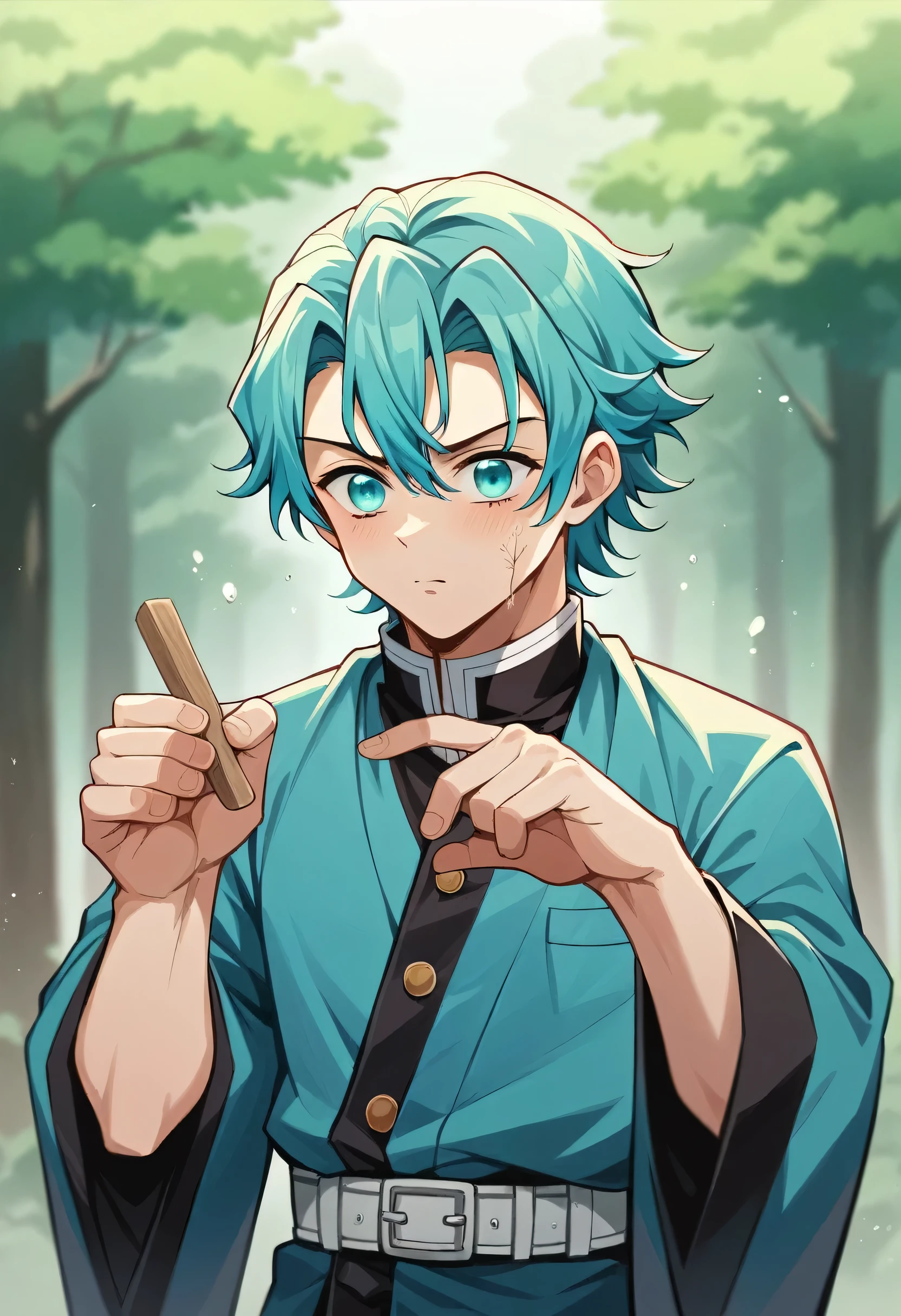 Kimetsu no Yaiba style, 1boy, solo, cyan eyes, cyan hair, medium boy hair, cyan kimono, haori,  ((Masterpiece)), ((portraite of a)), The forest is on dust, The forest is dusting, pillsr demon slayer, dynamic pose