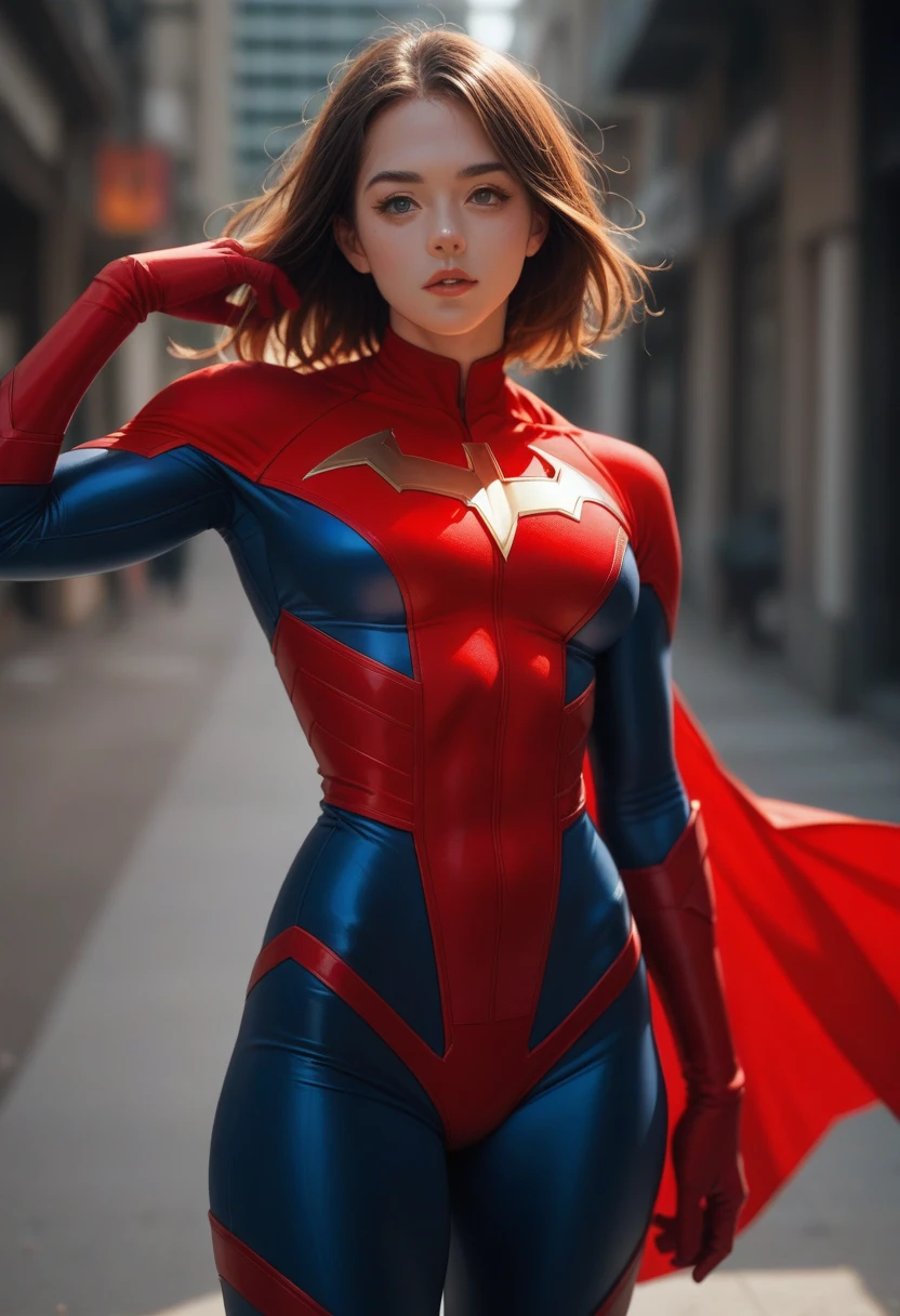 Anime girl wearing a red superhero suit.
