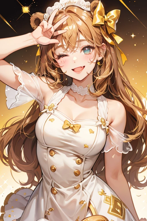 A glazed, golden brown num girl bear with a sideways smile and tongue sticking out. One eye is wink-squinting, and on the top of her head is a slightly dripping cream bow on her head. SPARKLE; GLITTER