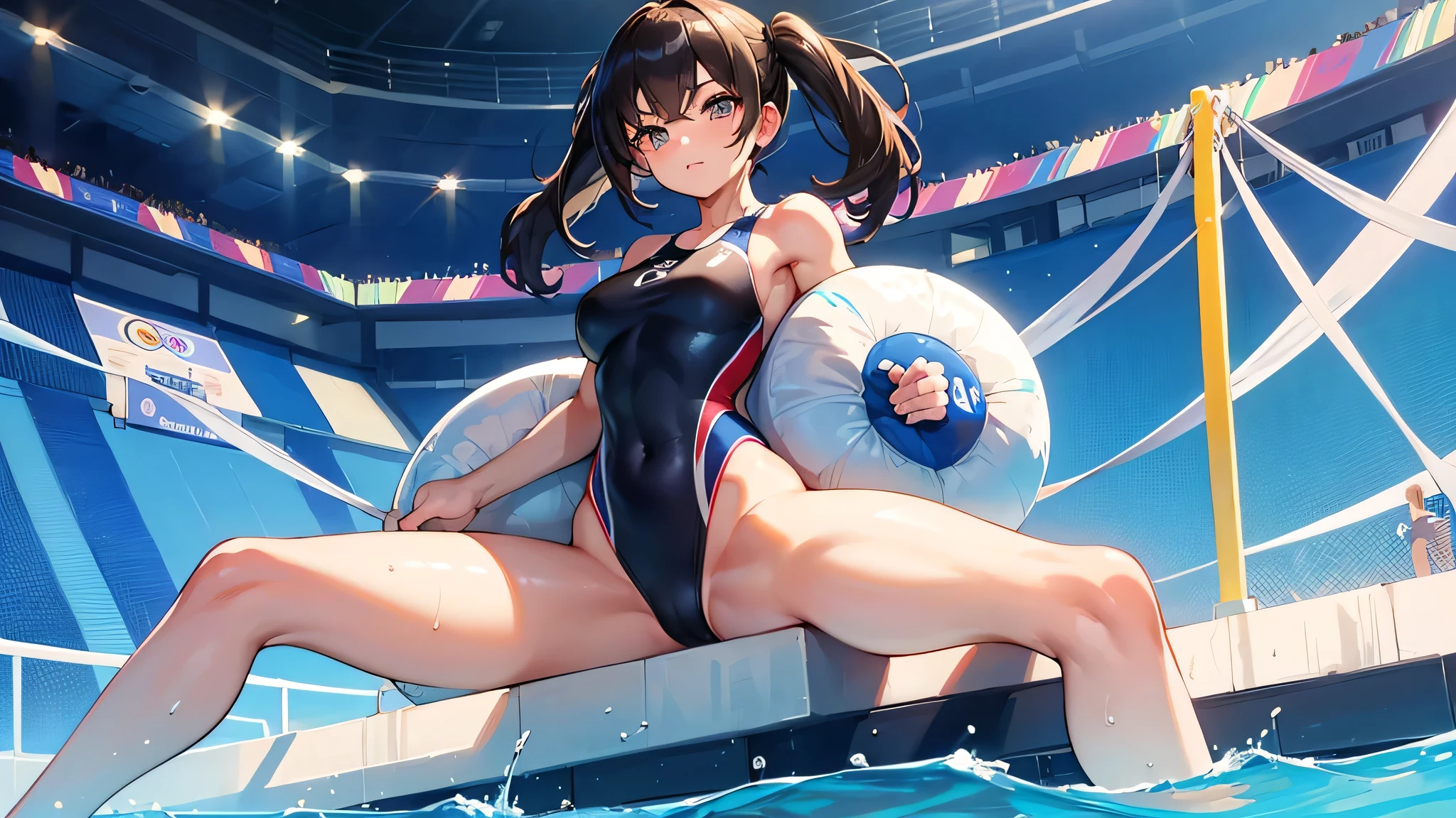 all intricate details: "an athletic girl with a perfect body, cute, symmetrical face, Olympics, Olympic pool, swimming, swimming competition, wears the number "1126" in the competition swimsuit, random tv angle"