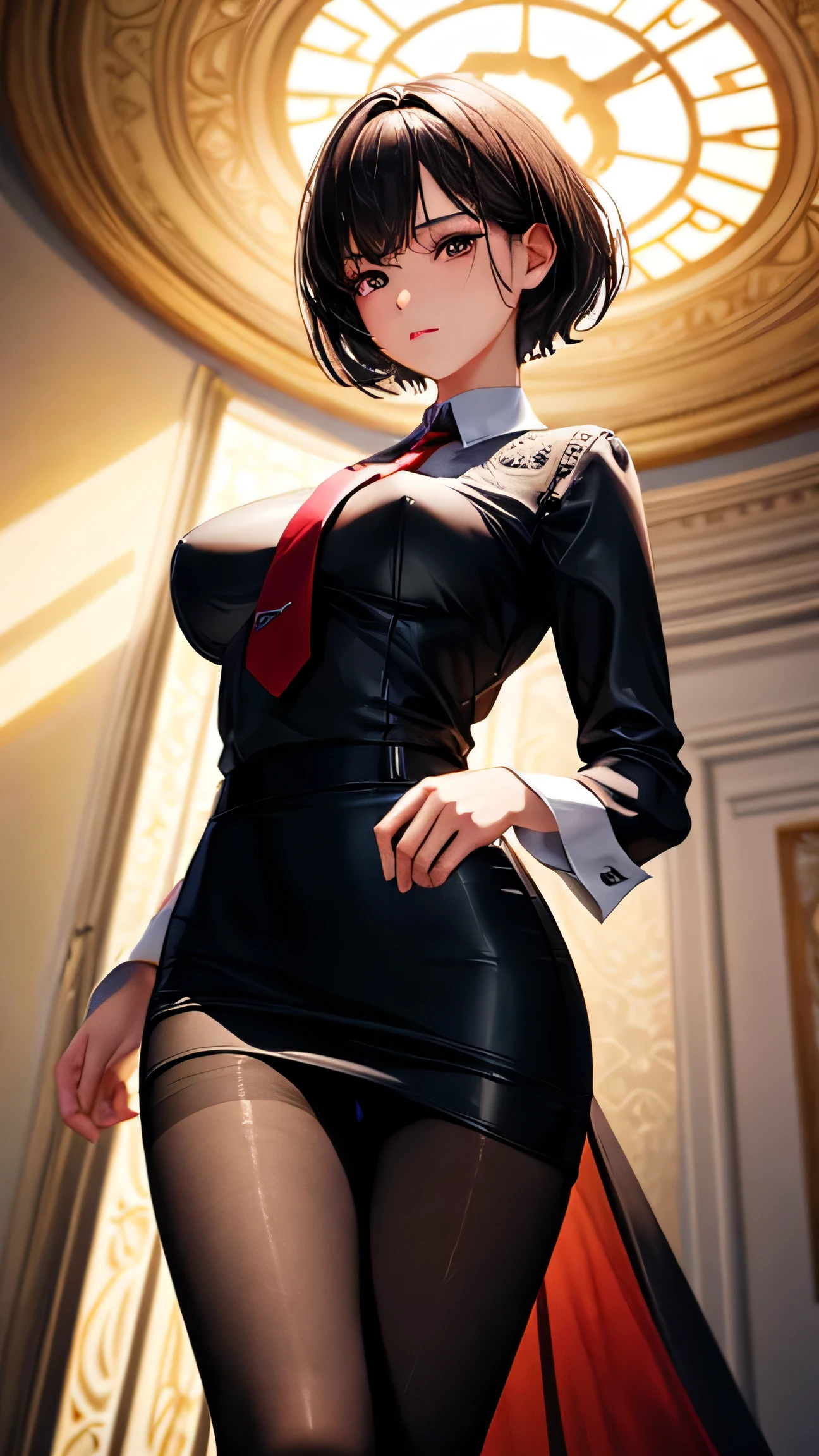 1girl,young girl, shiny skin,big breasts,nice leg line:1.3, thin waist,, thighhighs,necktie,((pencil skirt)),looking at viewer,from below,full body, ( pantyhose:1.3),(The golden ratio figure),
masterpiece, best quality, best perspective, ultra-detailed and intricate, extremely delicate and beautiful, best quality light, (ray tracing:1.1), anti-aliasing,
realistic,photorealistic,award-winning illustration,(intricate details:1.2),(delicate detailed) (intricate details),(cinematic light,best quality Backlights),clear line,sharp focus,official art,unity 8k wallpaper,absurdres,incredibly absurdres,huge filesize,ultra-detailed,highres,extremely detailed extremely delicate and beautiful,RAW photo, professional lighting,dynamic lighting,light on the face,depthoffield,solofocus,cool beauty,tall woman,black hair,short cut hair,Precisely expresses details such as face and skin texture,beautiful eye,double eyelid,delicate skin,slender body shape,alone,