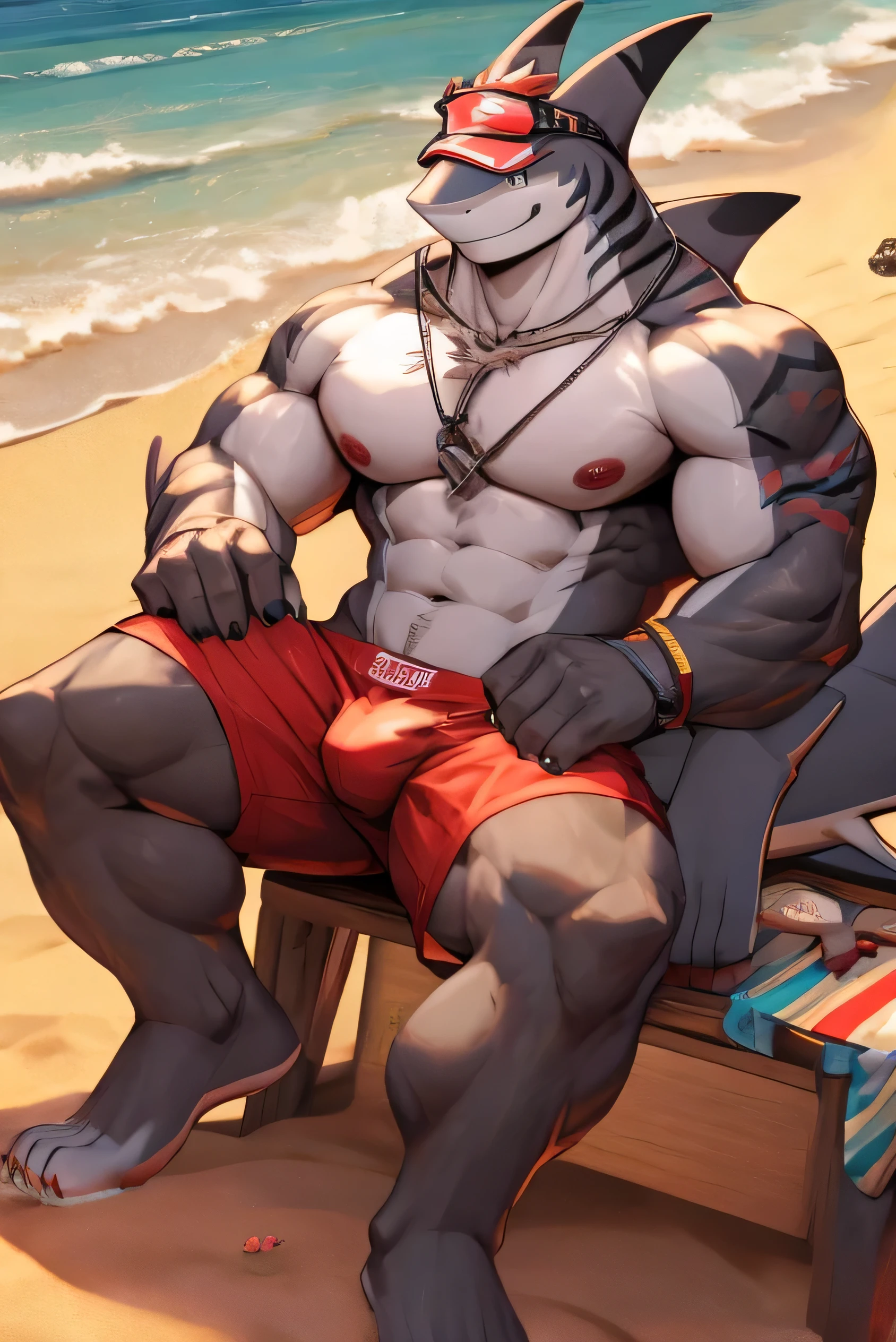 A fat muscled shark working as a lifeguard on a beach. The shark is sitting facing the beach. He is wearing a red visor on his head, sunglasses over his eyes and a whistle tied around his neck. He is shirtless showing off his large pectorals and erect nipples. He has a tattoo of a gear on his right boob. He is wearing tight red swim briefs showing a bulge in his crotch and black flip flops.