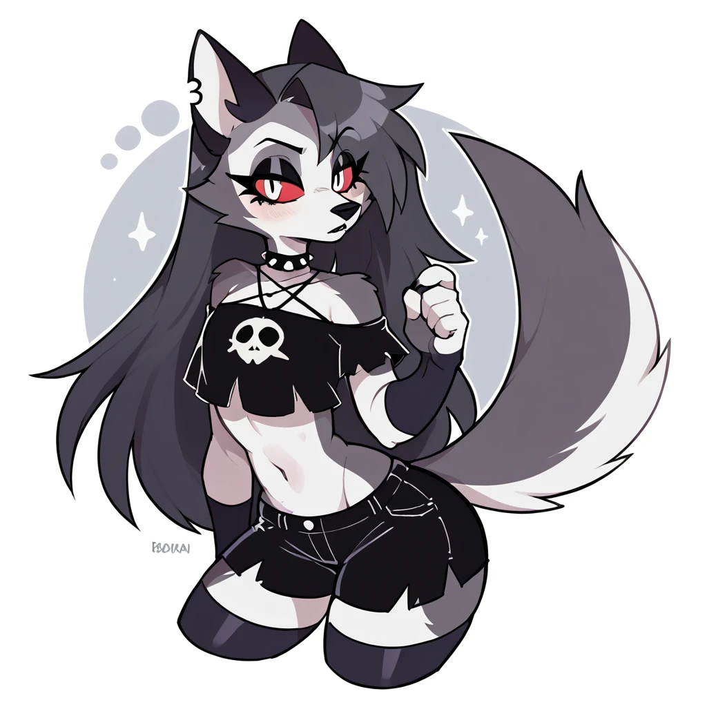 An original character, anthropomorphic, wolf, feminine, tall character, crop top, gothic, using some accessories, on a simple background, cartoon art style "Helluva Boss"