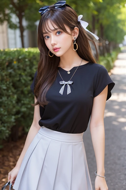1girl, solo, long_hair, looking_at_viewer, blue_eyes, skirt, brown_hair, black_hair, photoshop_(medium), shirt, original, bow, jewelry, standing, hair_bow, short_sleeves, white_shirt, cowboy_shot, earrings, parted_lips, outdoors, shorts, day, necklace, lips, see-through, pendant, grey_skirt, realistic