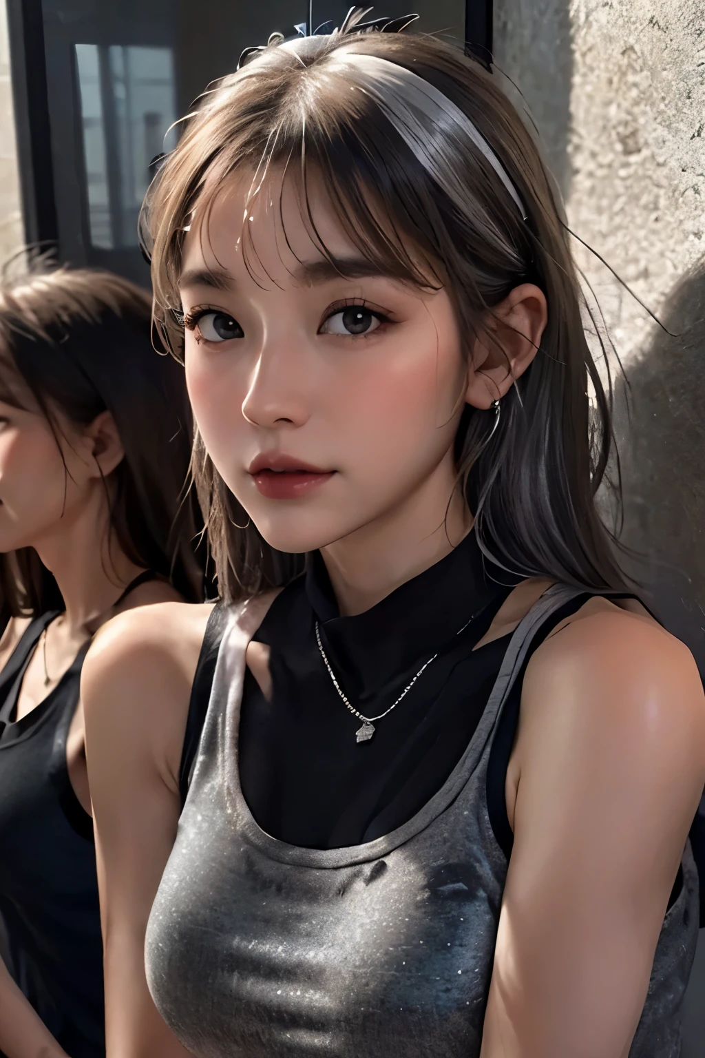 (8k:1,5),Light brown shorthair and silver mix,、disheveled hair、light brown eyes、(dignified expression)、(huge breasts:1.5)、highlight the valley、(realistic)、shadow、(golden ratio face:1.2)、(intricate details:1.2)、(masterpiece、:1.3)、(top quality:1.4)、(Super high resolution:1.2)、Super high resolution、(eye for detail)、(detailed ears）、(detailed eyebrows)、（detailed mouth）、(detailed facial features)、((Silver Necklace))、luxury night bar,(girls:1.2),(Black Tank Top:1.4),