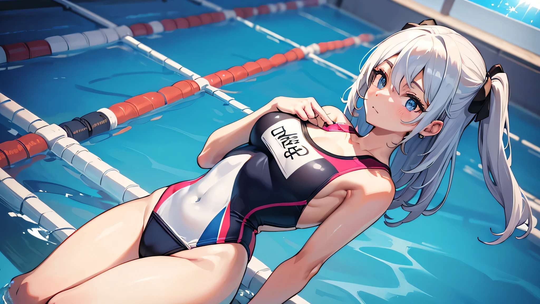 all intricate details: "an athletic girl with a perfect body, cute, symmetrical face, Olympics, Olympic pool, swimming, swimming competition, wears the number "1126" in the competition swimsuit, random tv angle"