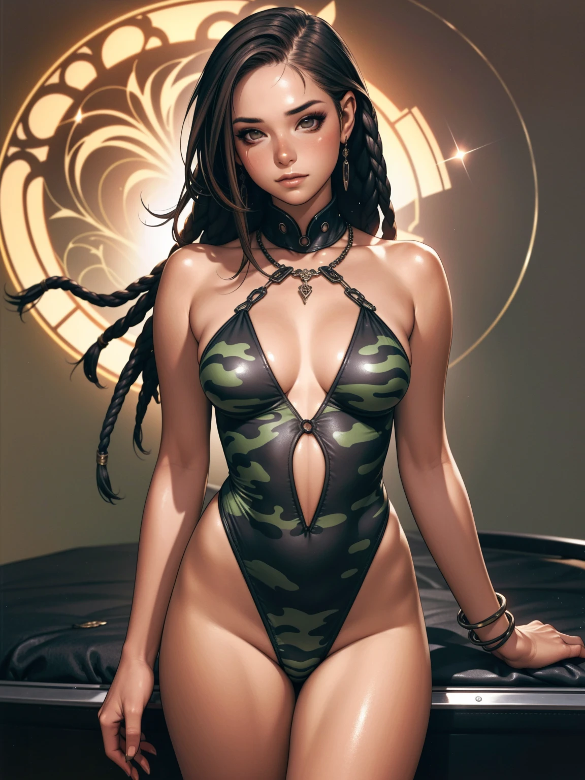 ((best qualityer)), ((work of art)), (detailded: 1.4), (absurdrez), Zulu Warrior, zebra, African bracelets and necklaces, skin black, cybernetic hands, zebra skin camouflage clothing, color explosion, cosmic tattoo, nebulous, defined muscular sculptural body, all-body, half thick bare thighs, cloused mouth, body covered by green technological clothing, Hyung Tae Kim Style, cyber punk, generous neckline, ((perfect medium breasts)), (super light brown eyes), ((zebra skin camouflage clothing)), (((cabelo preto e branco com dreadlocks)))), long black eyelashes heavy makeup, various African jewels, naked legs, by mucha, private--V5, close to real, psychopath, crazy face, pose sexy, fractal background, 2 piece outfit, cake, centred, scale to adjust dimensions, HDR (high-range dynamics), ray tracing,nvidia RTX,Super-resolution,Irreal 5,subsurface scattering, PBR Texture, Post-processing, Anisotropic filtering, Depth of field, Maximum clarity and sharpness, Multilayer textures, Albedo and Specular Maps, Surface shading, Accurate simulation of light-material interaction, perfect proportions, octane rendering, two tone lighting, large aperture, Low ISO, White balance, rule of thirds, 8K CRU, African standards