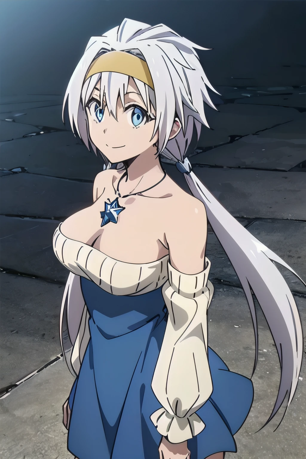 VELZARD, bangss, blue colored eyes, hair grey, hair between the eyes, long hair, twintails, yellow hairband, bareshoulders, jewelries, necklase, don, cleaveage, detached sleeves, blue skirt, 1girl, standing alone, upperbody, facing viewer, Looking at Viewer, sorrido, futanari