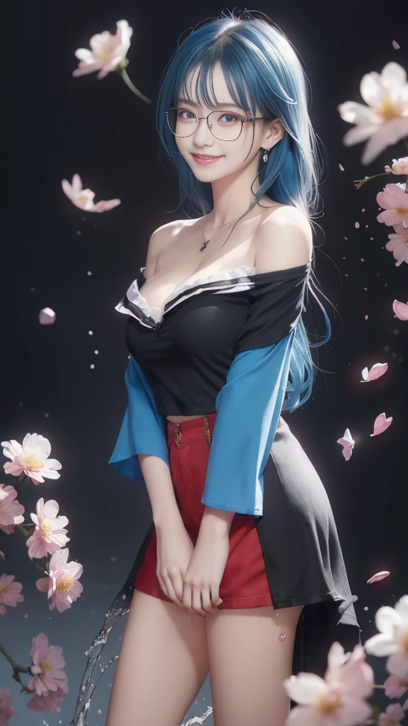 (National Foundation),(((Off-shoulder shirt))),masterpiece, (masterpiece, best quality, high resolution), 动漫wind格, Color background, acrylic paint, ((Splash of Color, Ink splatter, Splash of Color)), best quality, 1 girl, (rich and colorful),(Delicate eyes and face), Wears red half-rimmed glasses,wear glasses,Huge breasts,Volumetric Light, Ray Tracing, Half-length photo ,Extremely detailed CG unified 8k wallpaper,solitary,Smile,((Flying petals)),fantasy, wind, Magic Spark, Blue Hair,Semi-long hair,blue eyes,wear glasses