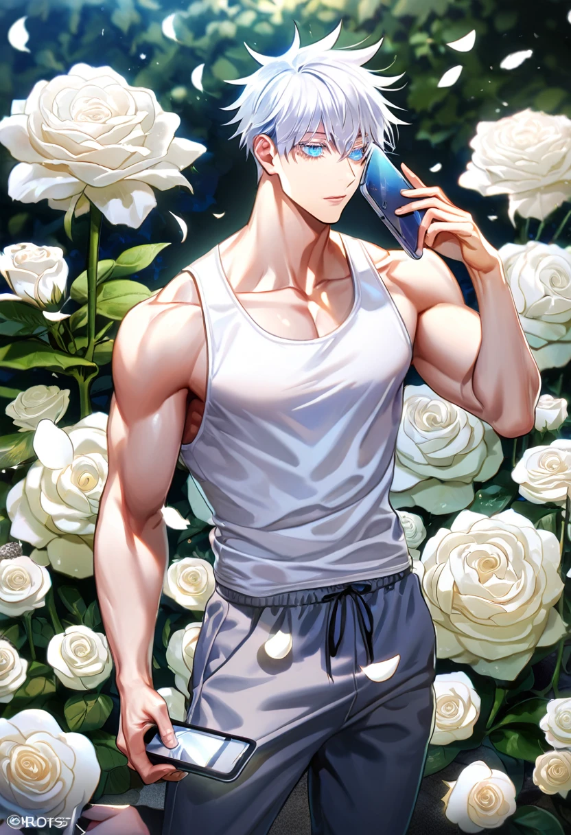 Ultra detailed, Highres, absurdres, HDR, master piece, best quality, Gojou Satoru, white hair with bangs, white eyelashes, expressive blue eyes, white tank top shirt, gray training pants, toned chest, Jujutsu Kaisen, sexy man holding a cellphone, white petals, white roses, garden, handsome, sensual, fantasy, magical,