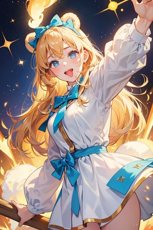 Megan Mallow Roll is a golden, glazed bread roll with bear ears and a iced light blue bow. She is winking with her mouth widely opened and she has very pale, faint red cheeks. SPARKLE; GLITTER